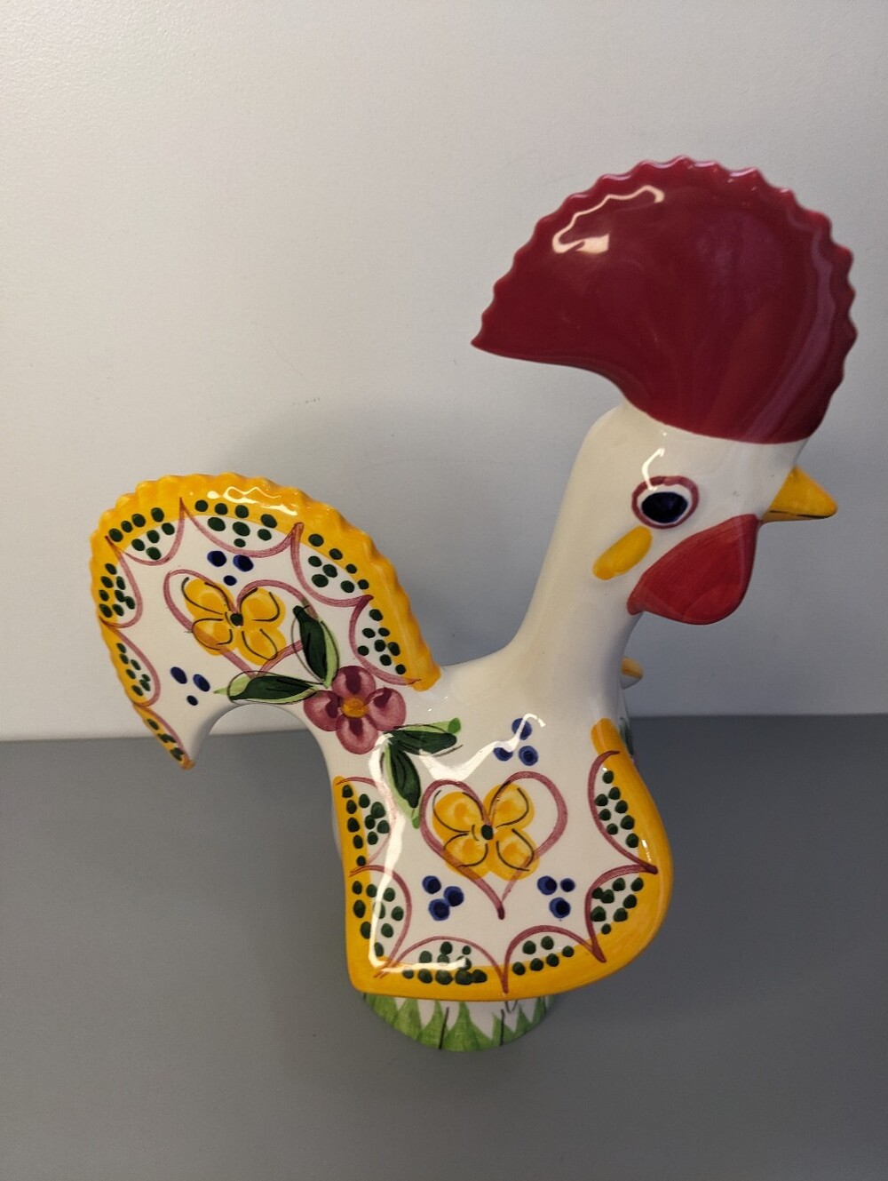 Vintage Hand Painted Portugal Ceramic Rooster Figurine Folk Art 9.5" X 6"